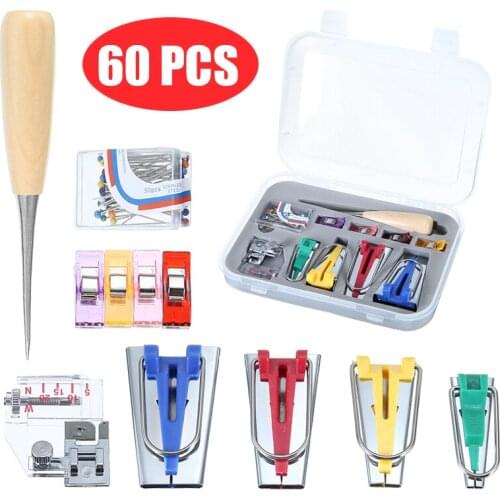 60pcs Fabric Bias Binding Tape Maker Kit Binder Foot Wooden Awl Clips Pins Household DIY Sewing Quilting Tool