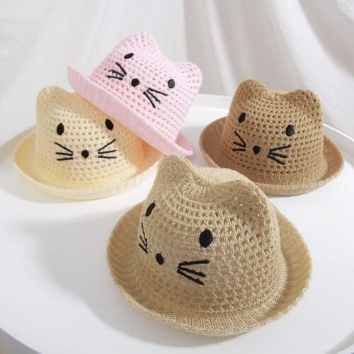 RUHAO Baby sun hat floppy straw hat kids Children cat embroidery beach hat spring summer Cute Boy girl casual basin cap