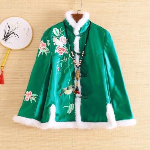 Embro Mill autumn winter Women coat top Chinese Style Retro embroidery elegant Loose lady warm jacket coat female S-2XL