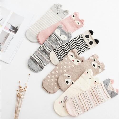 Fashion Cartoon Animal Cotton Socks Funny Cute Rabbit Panda Deer Character Print Women Female Hipster Harajuku Short Socks
