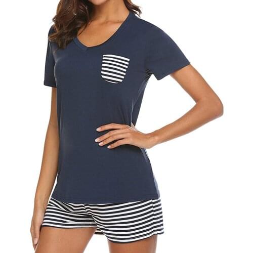 New Summer Women Pajamas Set Striped Print Cartoon Round VNeck Short Sleeve Shorts Two Piece Suit Girls Comfortable Home Clothes
