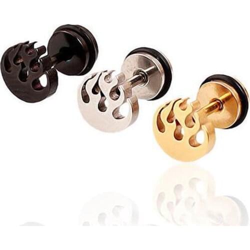 SaYao 2 Piece Flame Stainless Steel Studs Men boy girl punk Fire blaze Gold rock Earrings Cosplay Stud Earring