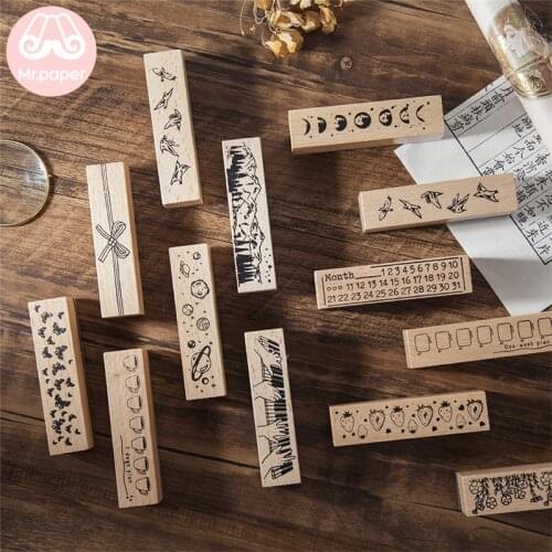Mr Paper 12 Designs Planet Moon Flowers Number Piano Wooden Rubber Stamp for Scrapbooking DecoDIY Craft Standard Wooden Stamps