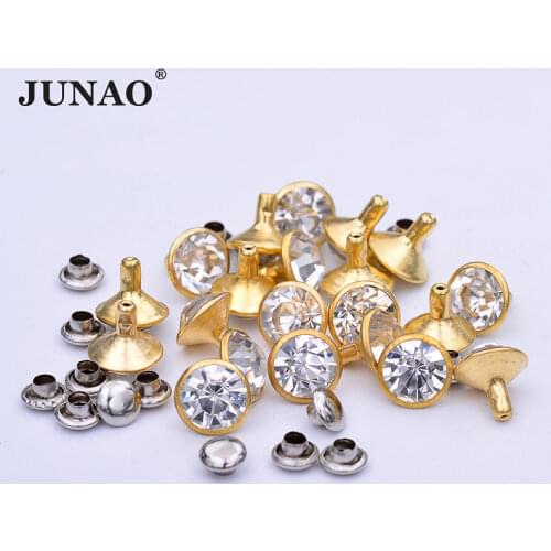 JUNAO 10mm Clear Glass Rhinestones Rivet Gold Base Spikes Studs Metal Punk Rivets Decoration for DIY Clothes Leather Crafts