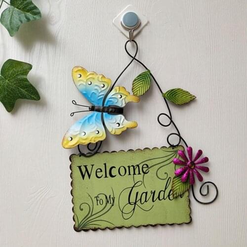 Iron Painting Butterfly Flower Wall Plaque Welcome Sign Garden Ornament Decor