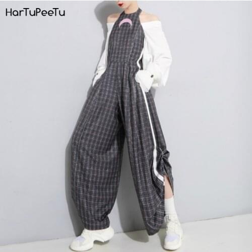 Women Sexy Backless Jumpsuit Harajuku Style Moon Embroidered Hit White Edge Ring Pleated Wide Leg Bodysuit Couplet Pants Summer