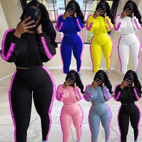 Winter Women Two Piece Set Letter Striped Printed Fashion Crop Top Casual High Waist Skinny Pants Tracksuit Matching Sets Outfit