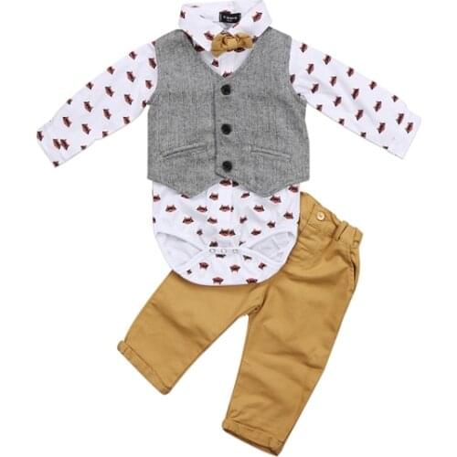 2017 Formal Fashion 3PCS Newborn Infant Baby Boys Cartoon Print Romper Grey Waistcoat Tops Pants Suits Outfit Fall Party 0-24M