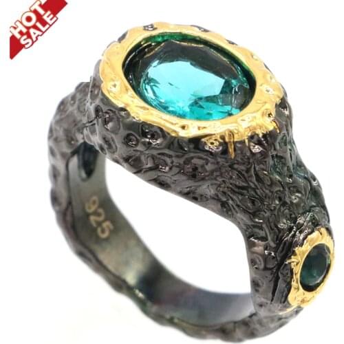 23x12mm Hiphop Created 8.6g Blue Aquamarine For Ladies Cool Black Metal Silver Rings Street Fine Jewelry