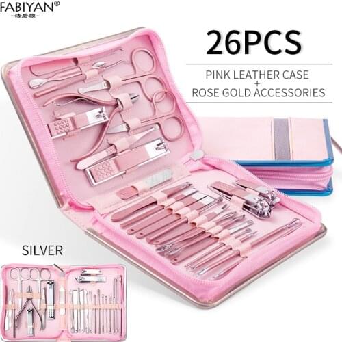 7/9/10/12/18/26Pcs Stainless Steel Manicure Set Pedicure Scissor Nail Cutter Cuticle Nipper Dead Skin Pliers Tool With Case Kit