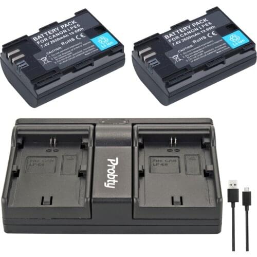 PROBTY 2pcs LP-E6 LP E6 Camera Battery + USB Dual Charger for Canon EOS 5D 5D2 5DS R Mark II 2 III 6D 60D 60Da 7D 7D2 70D 80D