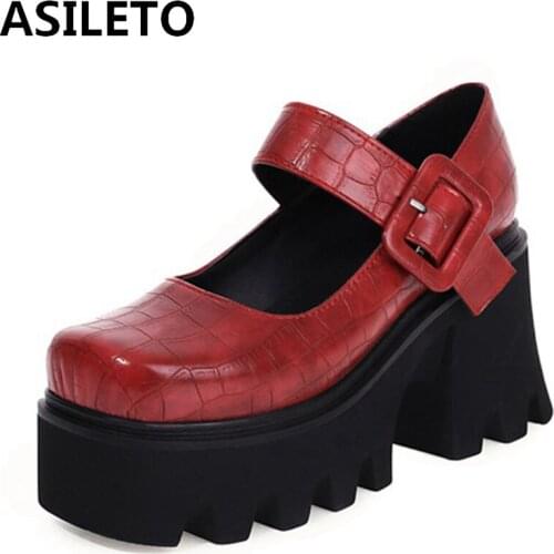 ASILETO 2021 Fashion Pumps High Thick Heel Sole 8cm Platforms Belt Buckle Cross Strap Square Toe Punk Size 35-44 Brown A4158