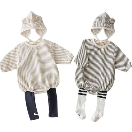 Baby Body Boy Rompers Cotton 2Pcs Set Newborn Clothes Stripe Cute Small Ear Hat + Long Sleeve Top Baby Girl jumpsuit Outwear