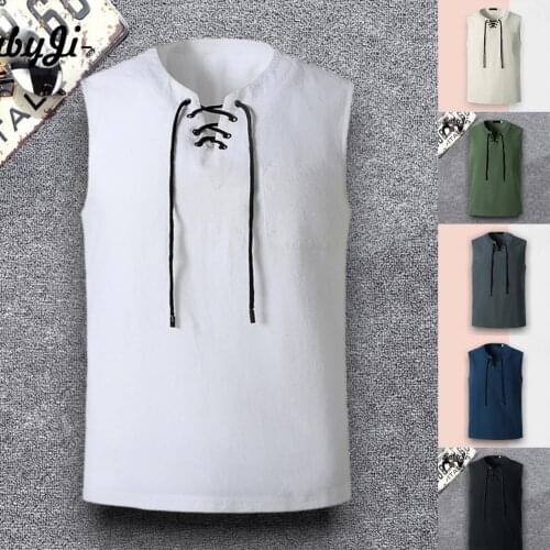 2021 Men Tank Top For Men Tee Summer V Neck Sleeveless Bandage TopJapanese Casual Tee Streetwear Loose Sports Tops
