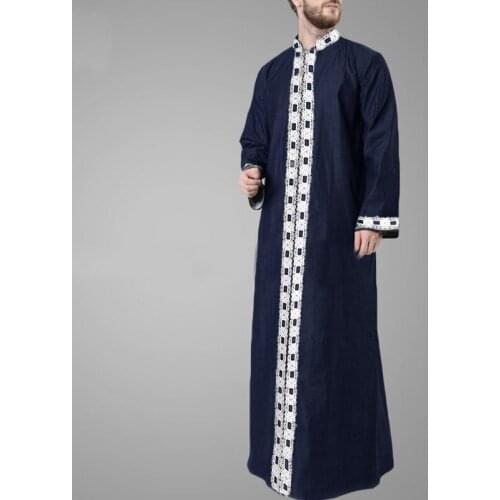 Islamic Arabic Kaftan Men Muslim Lace Patchwork Long Sleeve V Neck Jubba Thobe Fashion Middle East Men Robes Plus Size