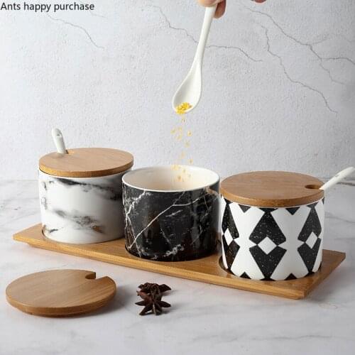 Ceramics Seasoning Box Combination Packages Home Marble Seasoning Tank Three-piece Kitchen Supplies Spice Container with Tray