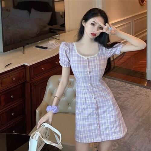 Summer womens Plaid dress french style slim button dress