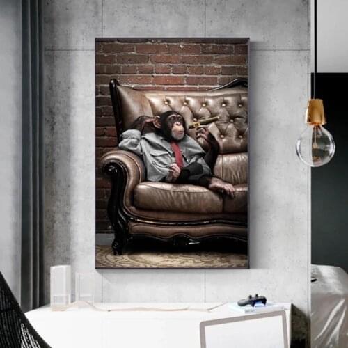 Cartoon Orangutan Wall Art Posters Prints Smoking Monkey Oil Painting on Canvas Wall Pictures for Living Room Wall Cuadros Decor