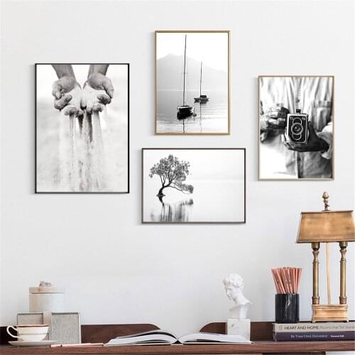 Tree Lake Boat Landscape Print Sand Hand Art Poster Black And White Canvas Paintings Old Camera Wall Art Pictures Home Decor