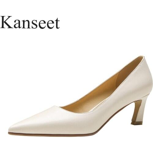 Kanseet New Women Shoes Spring Autumn Concise Office Lady Genuine Leather Thin Heel Pointed Toe Handmade Shallow High Heel Pumps