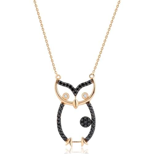 14k Gold Natural Black Diamond Owl Necklace PN1063RBS