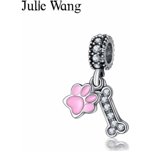 Julie Wang 5PCS Bead Charms Enamel Pet Paw Print Rhinestone Bone Zinc Alloy Bracelet Necklace Jewelry Making Accessory