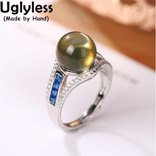 Uglyless Luxury Blue Amber Rings Women Shinning Zircons Crystals Rings Elegant Lady Party Dress Jewelry 925 Silver Rings Fashion
