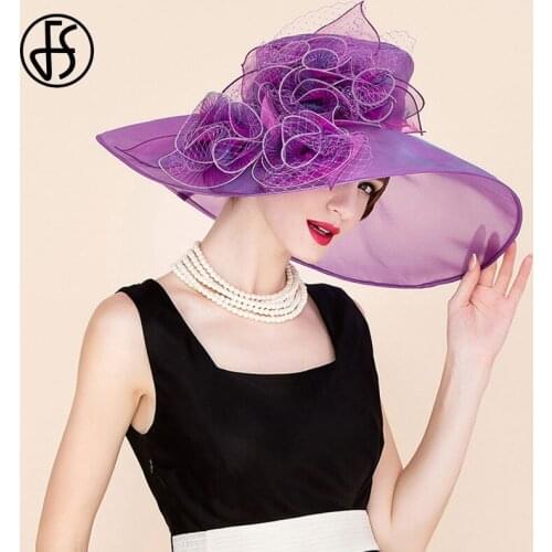 FS Organza Hat For Women 2021 Summer Beach Purple Kentucky Derby Sun Hats Ladies Party Wedding Large Wide Brim Fascinator Fedora