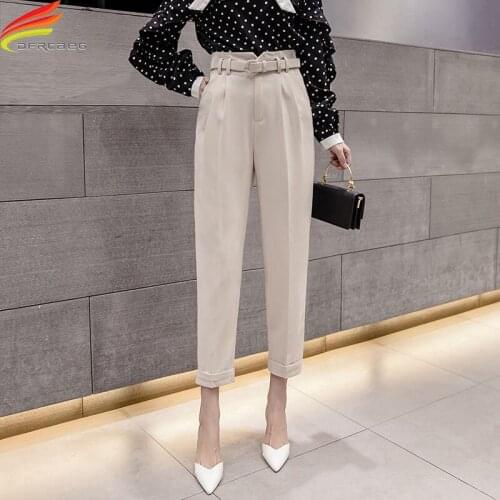 New 2021 Autumn Casual Pants Women With Belt Blue Beige Black New Female Ankle-Length Straight Suits Pants Ladies Trousers