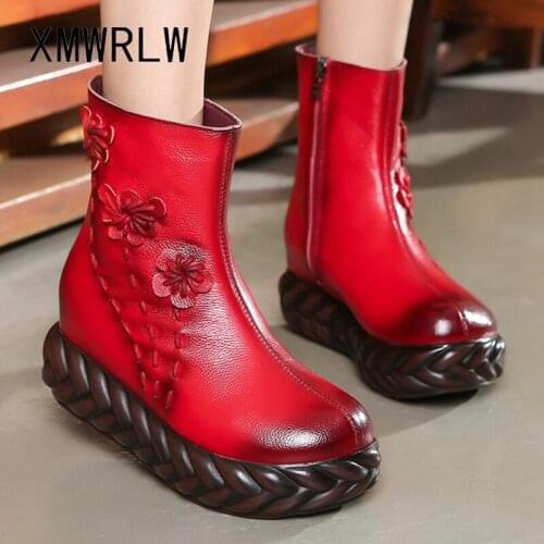 XWMRLW Women Mid-Calf Boots 2020 Winter Fashion Embroidery Genuine Leather Retro Boots For Women Handmade Boot Winter Shoes
