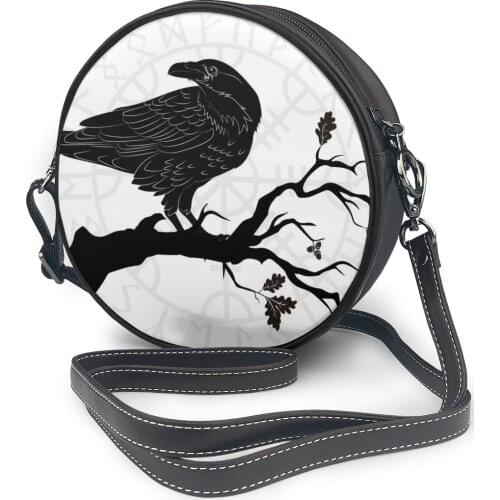 2020 Women Shoulder Bags Girls Round Bags Crow Sitting On Branch Of Oak Tree Runes Womens Casual Messenger Bags Crossbody Bags