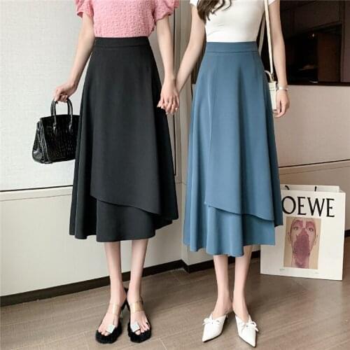 Womens Midi Skirts Spring & Summer 2021 Fashion Mid-length Skirt Simple Asymmetric A-line Mid-length Skirt Mid-Calf BSQ346