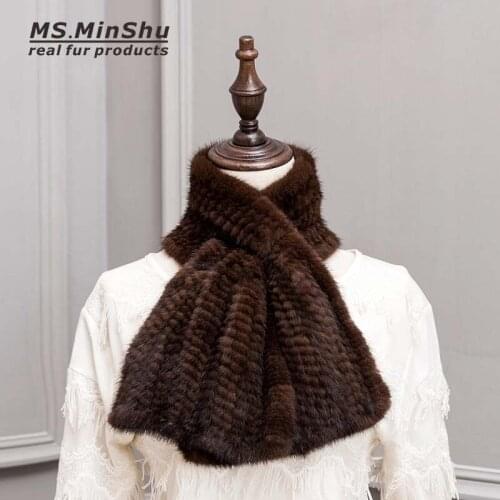 MS.MinShu Hand Knitted Mink Fur Scarf Fashion Real Fur Scarf Wraps Woven Women Neck Warmer Luxury Mink Fur Shawl Winter Scarf