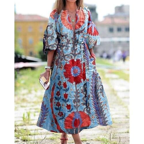 Bohemian Embroider Dress Women V Neck Floral Print Half Sleeve A-Line Dresses Sexy Retro Ethnic Style Long Maxi Dress Vestidos
