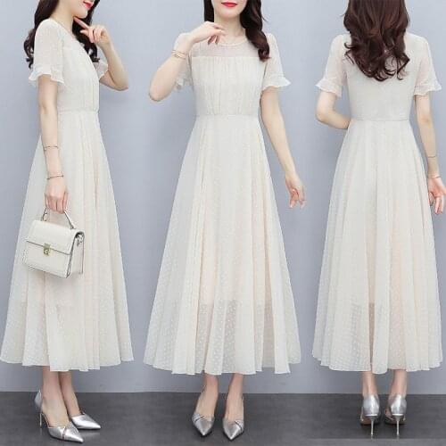 TingYiLi Retro Polka Dot Long Maxi Dress Women Summer Short Sleeve Beige Black Dress Korean Style Elegant Ladies Big Swing Dress