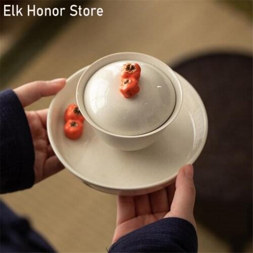 130ML Ceramic Plant Ash Handmade Persimmon Tureen Ceramic Kung Fu Tea Set Bowl Sopera De Ceramica Gaiwan Chrysanthemum Tea Gift