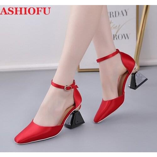 ASHIOFU New Real Photos Ladies Chunky Heel Pumps D'orsay Party Prom Dress Shoes Sexy Evening Club Fashion Pumps Court Shoes