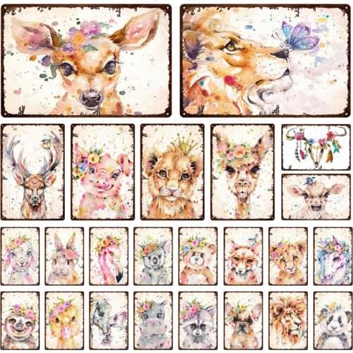 Flower And Animals Metal Tin Sign Cute Lion Fox Deer Rabbit Panda Retro Decorative Plaque Pet Houses And Pet Shops Iron Painting