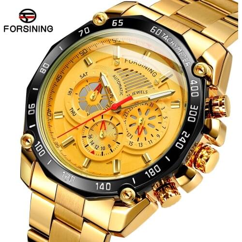 Forsining Top Brand Watch Combination Blue Calendar 3 Dials Full Silver Stainless Steel Automatic Mechanical Watches Mens Clock