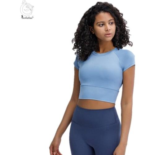 Yushuhua With Chest Padded Gym Fitness Clothes Yoga Crop Tops Women Jogging T-shirt Stretch Sport Workout Short-Sleeved Shirts