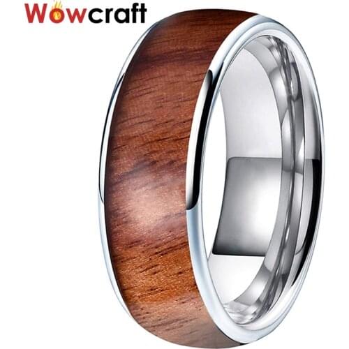 8mm Tungsten Carbide Wedding Bands Ring Wood inlay Polished Shiny Domed Comfort Fit Free Name Engraving