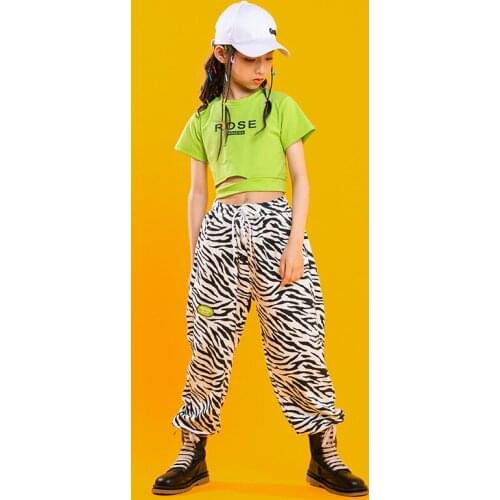 New Jazz Costume Hip Hop Girls Clothing Green Tops Short Sleeve Black Hip Hop Pants For Kids Performance Modern Dancing Clothes