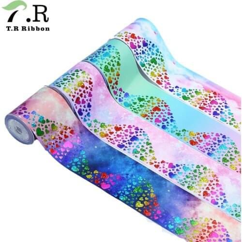 T.R RIBBON 75mm ribbon rainbow foil hearts wave printed grosgrain ribbon for ribbon bows