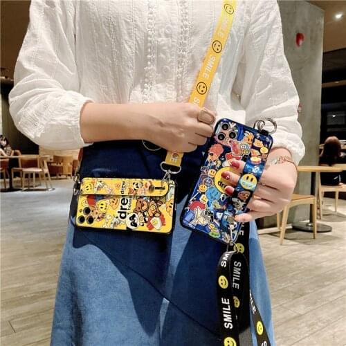 Cute Smile Face Phone Case for iPhone 11 12 Pro Max 7 8 plus xs Xr SE2020 Soft TPU Back Cover with Crossbody Lanyard Wristband