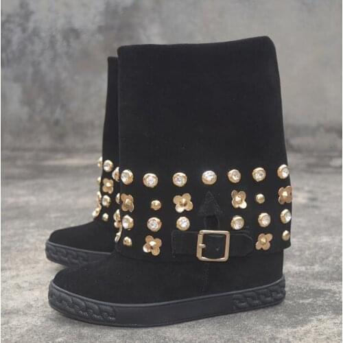 Fashion Woman Black Suede Flower Crystal Rivets Studs Mid-calf Boots Fold Slip On Round Toe 8 cm Hidden Wedge Short Boots Shoes