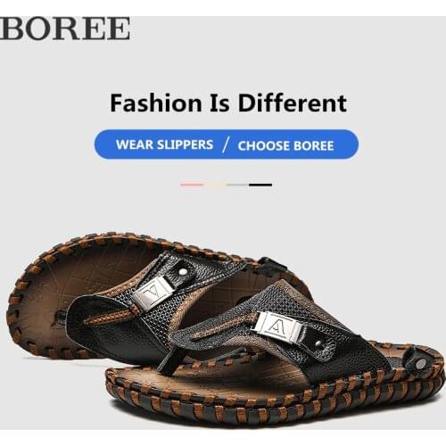 Mens Flip Flops Summer Shoes Outdoor Beach Genuine Leather Flip Flops Men Slippers Moccasins Casual Shoes Sports Thick Shoes