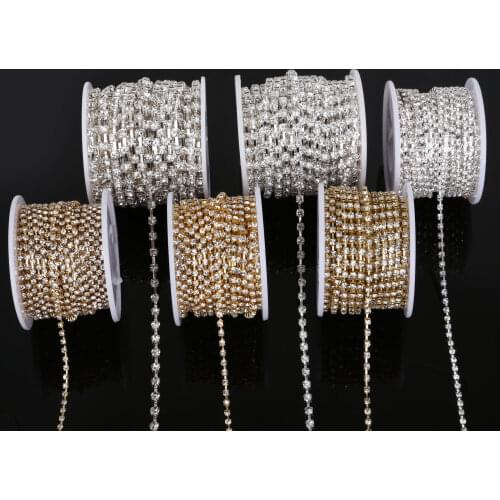 Clear Crystal 10 yards/roll SS6-SS18(2mm-4.5mm) Silver/Gold Base Rhinestone Chain Apparel Sewing Style DIY Beauty Accessories