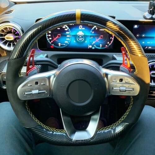 Hand-Stitched DIY Soft Black Carbon Fiber Black Suede Car Steering Wheel Covers For Mercedes-Benz A-Class W177 2018-2021