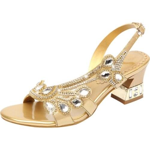 Sandals Female Summer 2019 New Diamond Temperament Rhinestone Sandals Thick With Leather Peep Toe Womens Shoes
