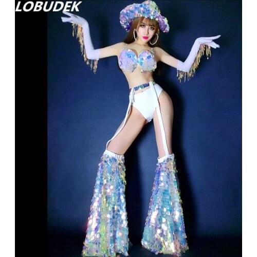 Sexy Nightclub Bar Stage Wear Glitter Scale Sequins Bikini Tassel Gloves Outfit DJ Singer Leading Dancer Performance DS Costume